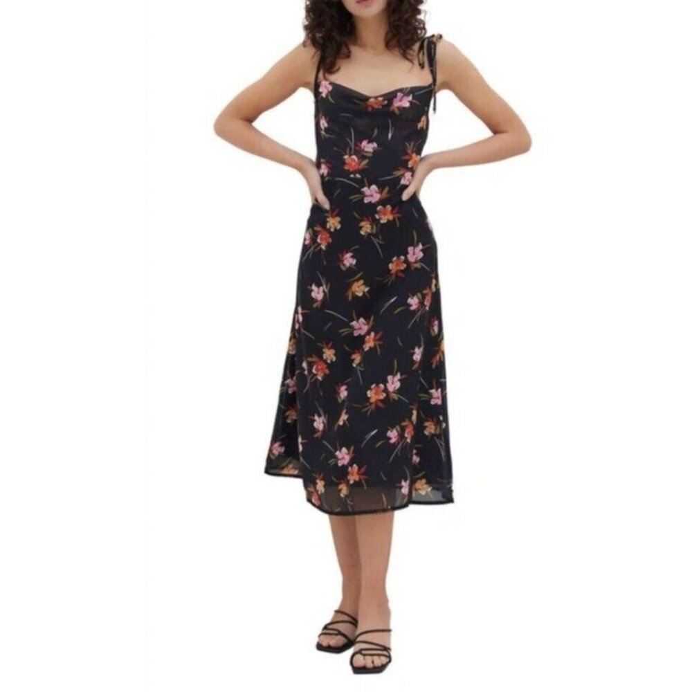 Lost + Wander Oasis Midi Slip Dress M Medium Strappy Black Floral Washable NEW